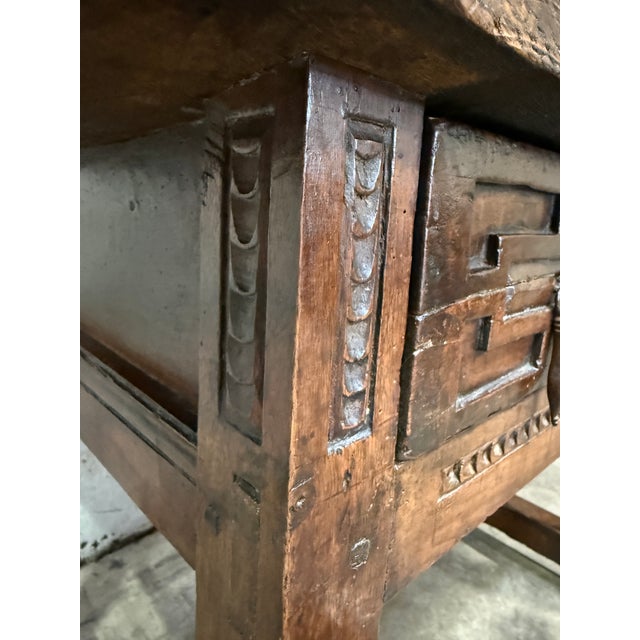 18th C. Spanish Beautifully Rustic Carved-Wood Trestle-Leg Table With Drawer For Sale - Image 4 of 18