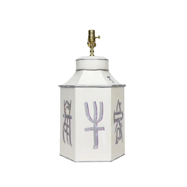 Contemporary A Hand-Painted Hexagonal Iron Tea Canister Table Lamp With Silver Calligraphic Design For Sale - Image 3 of 7