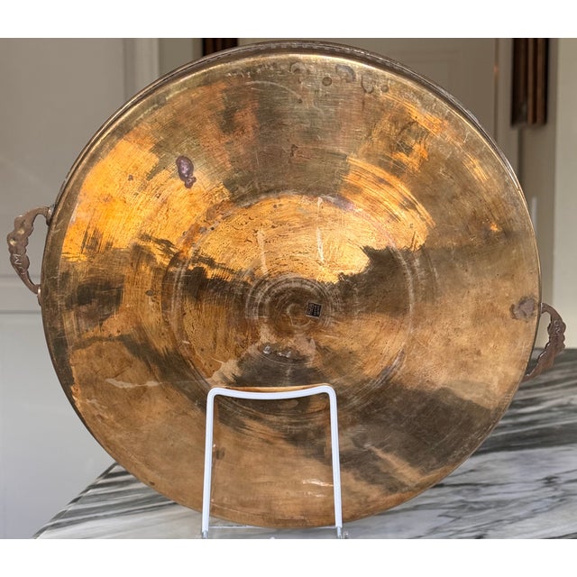 Made in India Solid Brass Round Tray With Floral Motif Handles, Polished For Sale - Image 12 of 17