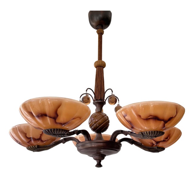 Swedish Grace Art Deco Brass and Glass Chandelier with Prisms, 1930s For Sale