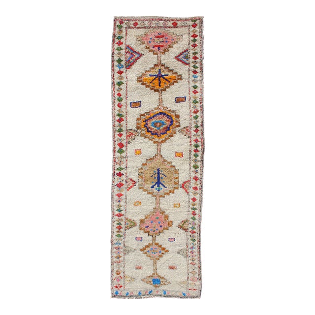 Vintage Turkish Tulu Runner With Ivory, Rose, Blue, and Multicolor 3'9 X 11'4 For Sale