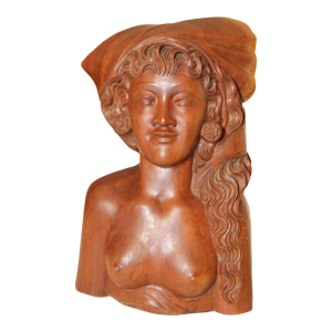 1940s Carved Balinese Indonesian Bali Nude Lady Bust Wood Carving Sculpture