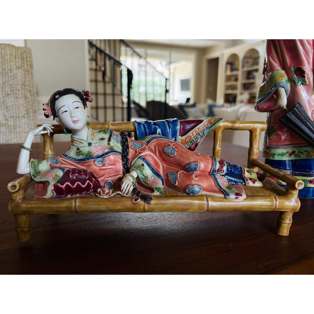 Chinoiserie Vintage Chinese Famille Rose Porcelain Court Lady Figurines, Zuichun Pottery – Pair For Sale - Image 3 of 13