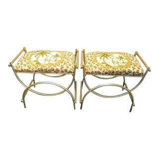 Vintage Koch and Sons Gold Metal Palm Beach Regency Giraffe Print Ottoman Foot Stools - a Pair For Sale