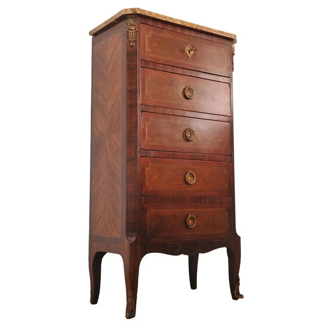 An Elegant 19th Century French Empire Louis XVI Kingwood Marble Top Chest of Drawers, Cabinet. 5 Short Drawers Inlaid with...