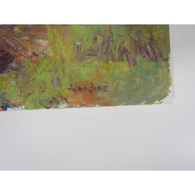 Late 20th century oil on wood panel plein air impressionist landscape with stream painting by Joan Jardine (1935–2025)...