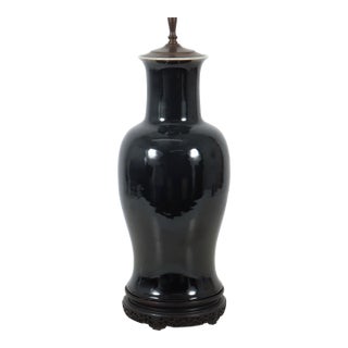 Chinese Late Qing Mirror Black Monochrome Porcelain Baluster Vase Mounted as a Table Lamp For Sale