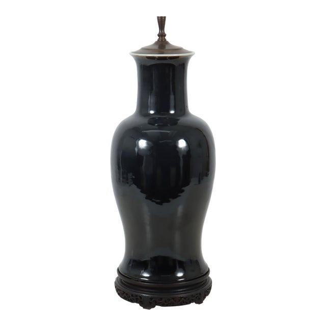 Chinese Late Qing Mirror Black Monochrome Porcelain Baluster Vase Mounted as a Table Lamp For Sale