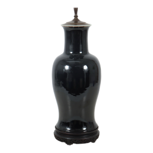 Chinese Late Qing Mirror Black Monochrome Porcelain Baluster Vase Mounted as a Table Lamp