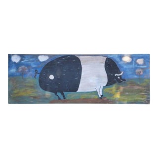 Late 20th Century Folky Pig Painting on Board For Sale
