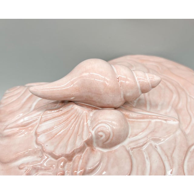 Postmodern Large 1980s Pink Glazed Ceramic Shell Box With Lid – Coastal Shellcore Decor For Sale - Image 3 of 11