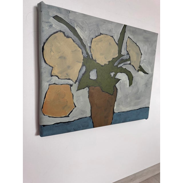 Abstract Still Life Painting With Plant in Pot, Minimalist Neutral Wall Art, Modern Botanical Artwork, Original Acrylic Painting For Sale - Image 4 of 4