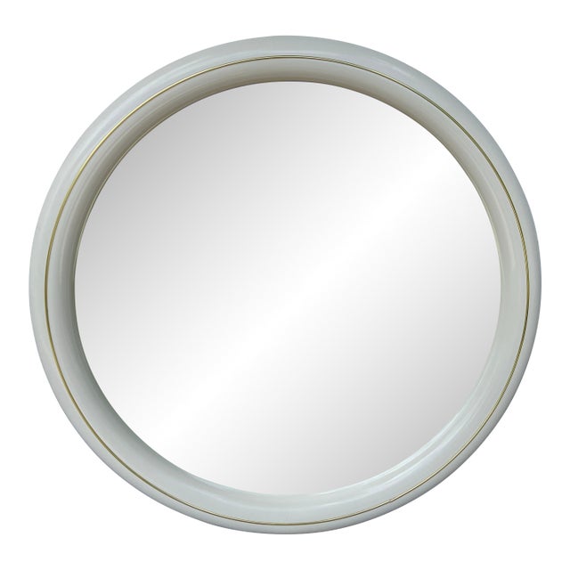 Post Modern Lane White & Gold Circular Vanity Bathroom Mirror, VTG Wall Hanging Mirror For Sale