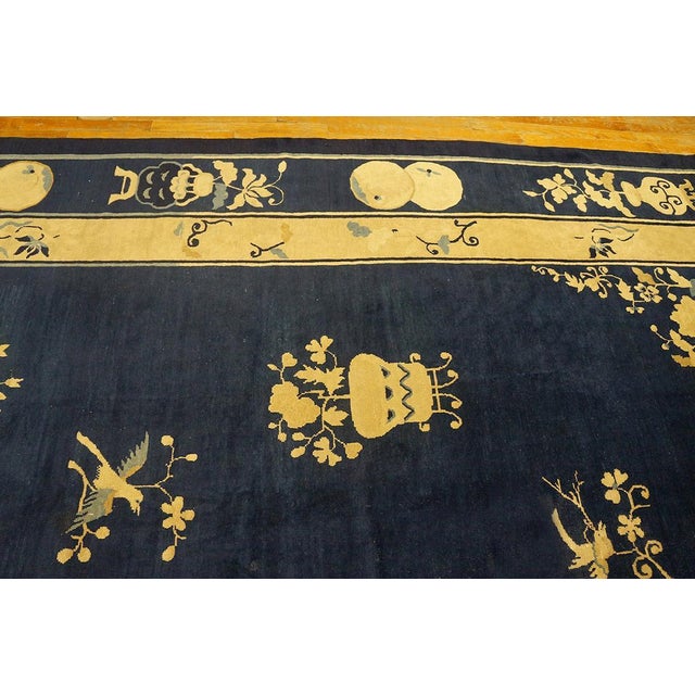 19th Century Stupendous Navy Background Color With Vases of Flowers in a Floral Design Antique Chinese Perking Rug For Sale - Image 5 of 7