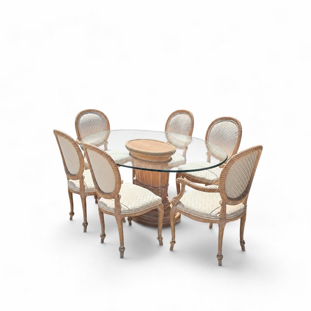 Vintage Carved Wood Oval Glass Dining Set With Six Upholstered Chairs For Sale - Image 10 of 18