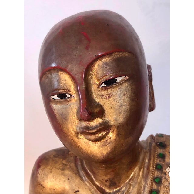 Thai Giltwood Hand Carved Pair of Mandalay Praying and Listening Monks For Sale - Image 11 of 12