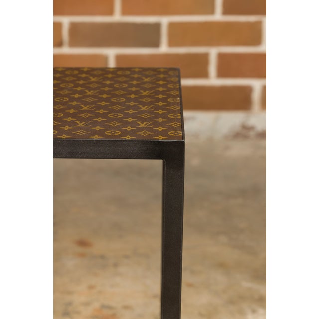Modern Leather Louis Vuitton Top Small Side Table with Custom Metal Base and Stretchers For Sale - Image 3 of 12