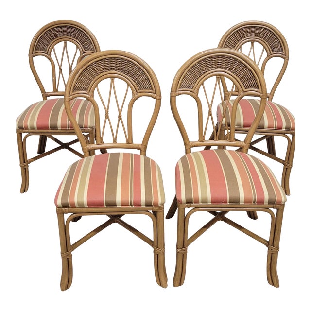 Vintage Rattan Bentwood Coastal Boho Tropical Style Dining Chairs - Set of 4 For Sale