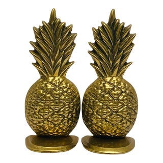 Mid 20th Century Vintage Hollywood Regency Solid Brass Pineapple Figural Bookends- Set of 2 For Sale