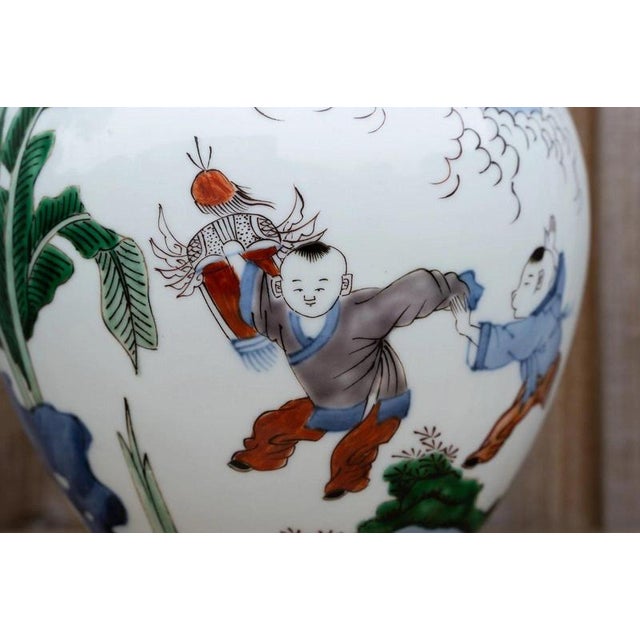 20th Century Chinese Wucai Porcelain Figural Vase with Scholars and Children For Sale - Image 10 of 18