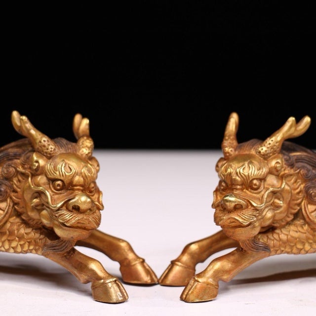 Solid Copper Gilt Pair of Golden Qilin Statues (Running Posture) - Auspicious Wealth-Drawing Bronze Qilin Figurines For Sale - Image 4 of 9