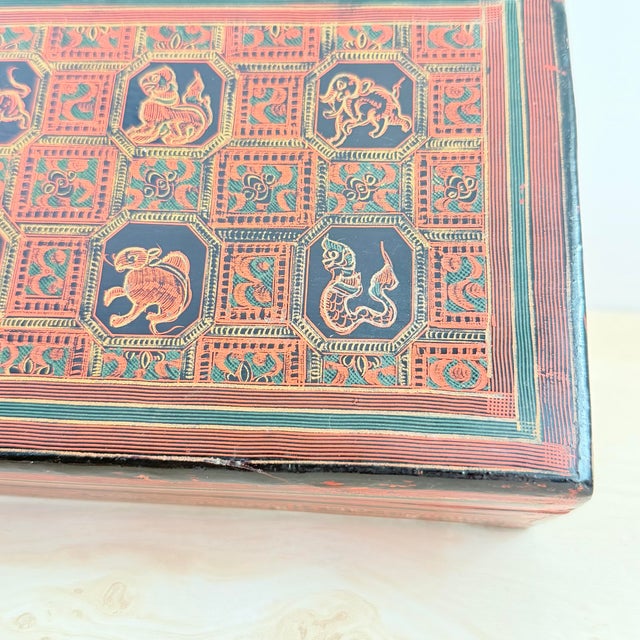 A finely worked antique lacquerware box in deep red, black, and gold, the lid decorated with a grid of roundels depicting...