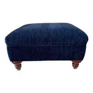 Traditional Walter E. Smithe Navy Chenille Upholstered Ottoman / Footstool For Sale