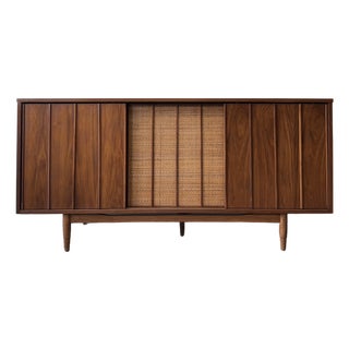 1960's Mainline Hooker Walnut & Caned Reversible Door Credenza For Sale