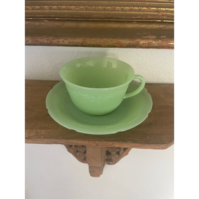 Vintage 1940’s Jadeite Pair “Alice” Floral Green Milk Glass Teacups With Plates! - 4pcs For Sale - Image 10 of 11