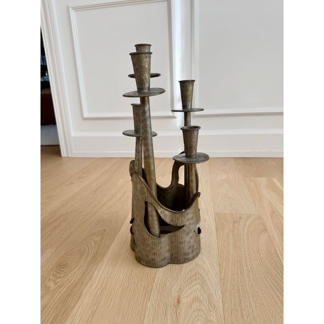 Greige 1970s Italian Brutalist Gilded Pewter 5-Arm Candelabra /Sculpture – Prof. Ceccherini For Sale - Image 8 of 12