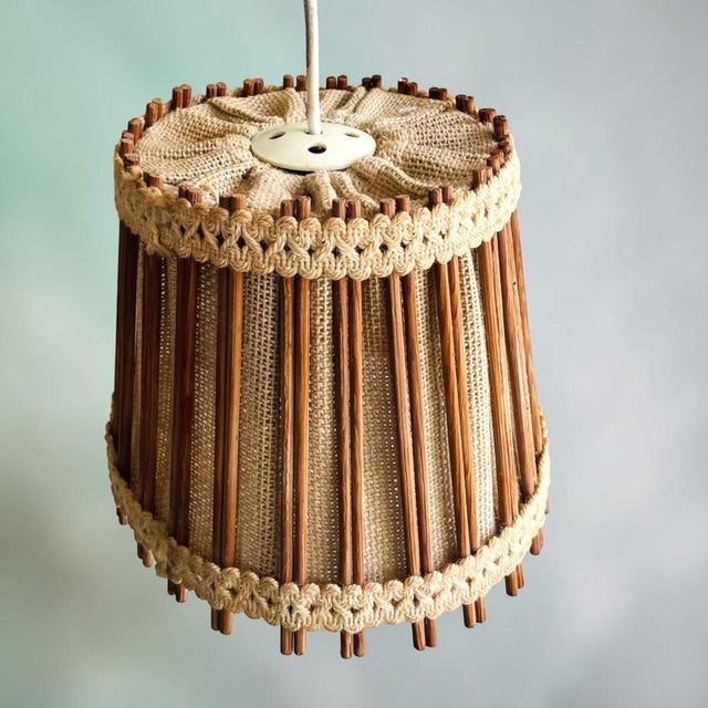 Rustic Mid-Century Scandinavian Rustic Wood and Burlap Hanging Lamp, 1960s For Sale - Image 3 of 10