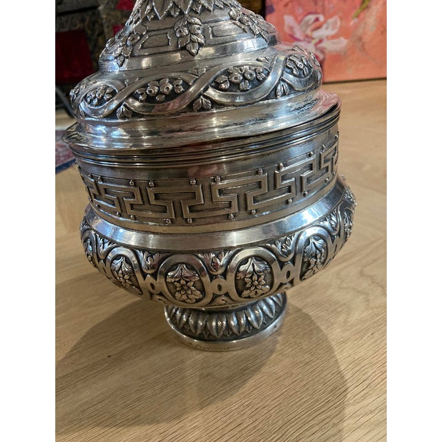 Antique Silver Covered Urn — Repoussé Greek Key, Fruit & Foliage Motifs, 2.86 LBS For Sale - Image 12 of 18