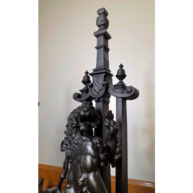 Late 19th Century 19th Century Renaissance Revival Cast Iron Rampant Lion Andirons - 28" Tall For Sale - Image 5 of 9