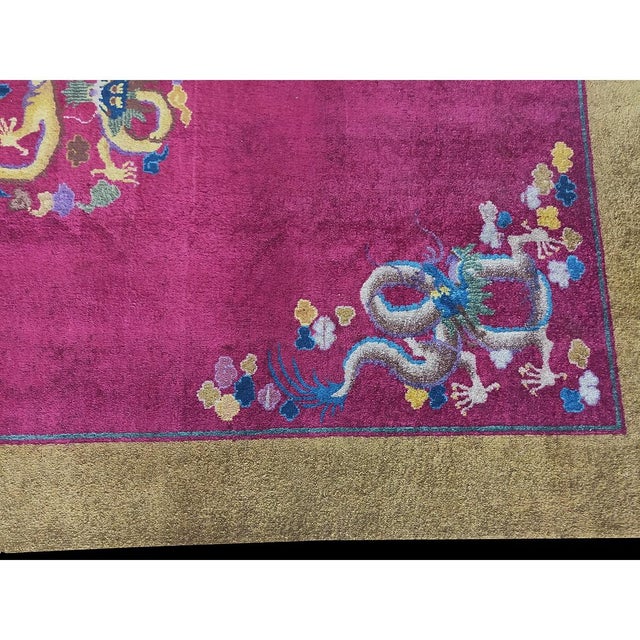 Textile 1920s Purple Dragon Medallion Antique Chinese Art Deco Carpet Wool Rug For Sale - Image 7 of 7