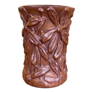 Vintage Red Wing Pottery Brown Glazed Floral Relief Vase For Sale