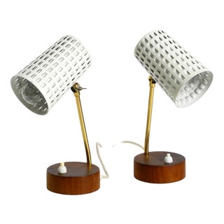Mid-Century Modern Bedside Lamps with Perforated Metal Shades and Teak Bases, 1950s, Set of 2 For Sale