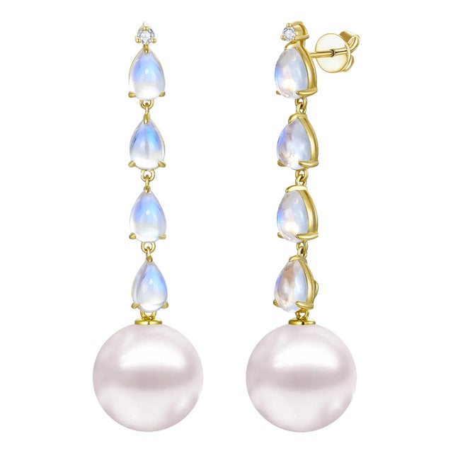 Nina Zhou Rhythm Moonstone Diamond and Pearl Drop Earrings in 14k Gold - A Pair For Sale