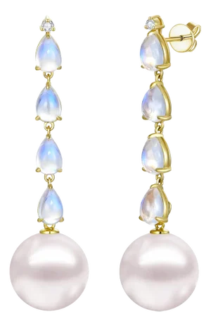 Nina Zhou Rhythm Moonstone Diamond and Pearl Drop Earrings in 14k Gold - A Pair