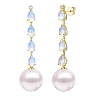Nina Zhou Rhythm Moonstone Diamond and Pearl Drop Earrings in 18k Gold - A Pair For Sale