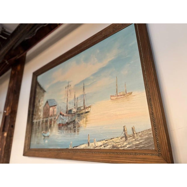 Mid 20th Century Vintage Coastal Harbor Oil Painting – Wood Frame For Sale - Image 5 of 5
