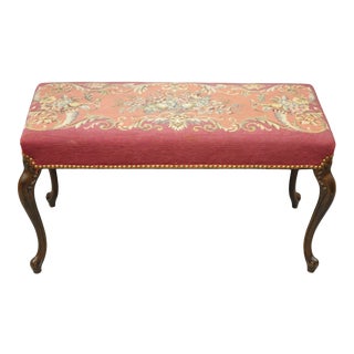 Antique French Victorian Pink Floral Needlepoint Mahogany Cabriole Leg Bench For Sale