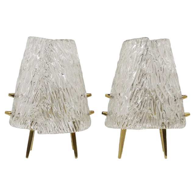 Mid-Century Brass & Textured Glass Table Lamps attributed to J. T. Kalmar for Kalmar, Austria, 1950s, Set of 2 For Sale