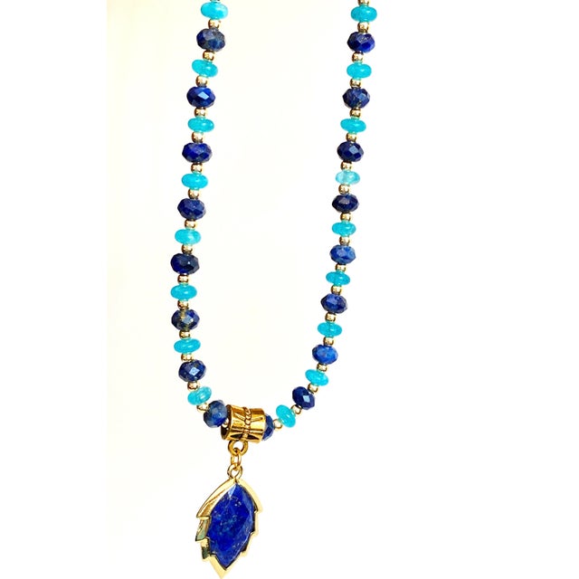 Artisan Handcrafted Lapis Lazuli Pendant Necklace in Blue Chalcedony and Golden Hematite For Sale - Image 4 of 15