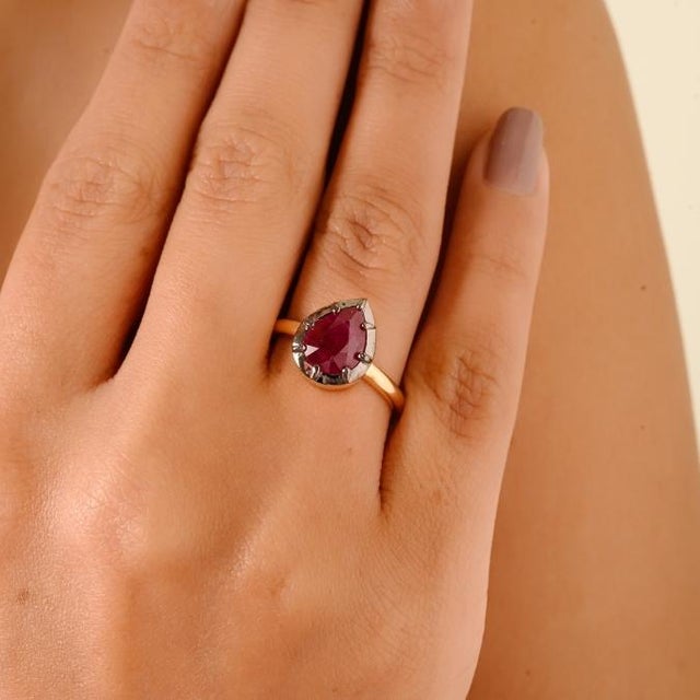 18k Gold Solitaire 2.39 Ct Ruby Pear Engagement Ring Size 5 With Black Rhodium For Sale In New York - Image 6 of 16