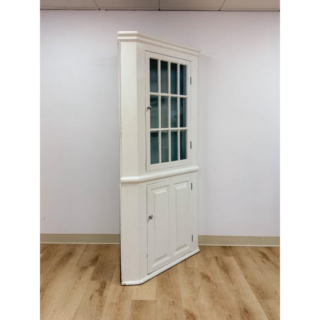 Farmhouse Antique Painted White Corner China Cabinet Pane Glass Door 1800s Display Cabinet For Sale - Image 3 of 18