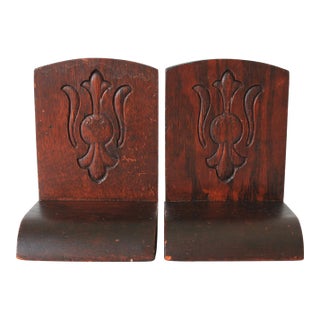 Vintage Hand Tooled Arts and Crafts Oak Wood Bookends For Sale