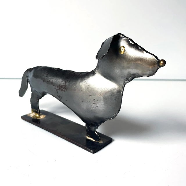 Brutalist French Brutalist Steel Dog Sculpture With Brass Accents For Sale - Image 3 of 7