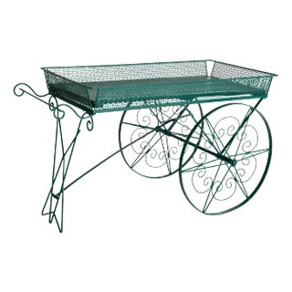 Large Green Wood and Metal Garden Flower Cart For Sale