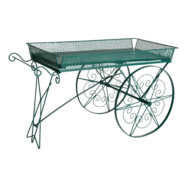 Large Green Wood and Metal Garden Flower Cart For Sale