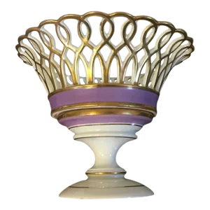 Antique Early 19th Century French Empire Porcelain Reticulated Corbeille with White, Gold & Purple Bands
